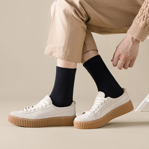 Men Crew Socks Winter Warm Thickened Terry Knit Solid Color Ribbed Cuff Casual Cozy Socks
