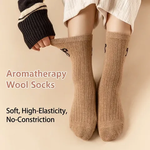 Damen Wollmischung Socken Verdickt Thermisch Rippstrick Schleife Stickerei Preppy College Stil Winter Warm Strumpfwaren