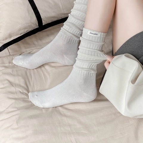 Calcetines Fruncidos Mujer Mezcla Algodón Textura Acanalada Estilo JK Japonés Con Etiqueta Tela Versátiles Retro