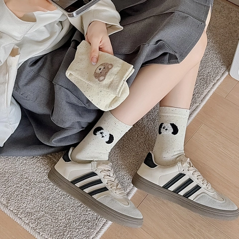 Women Crew Socks Cotton Blend Confetti Knit Soft Warm Breathable Kawaii Cartoon Bear Cherry Heart Bow Autumn Winter
