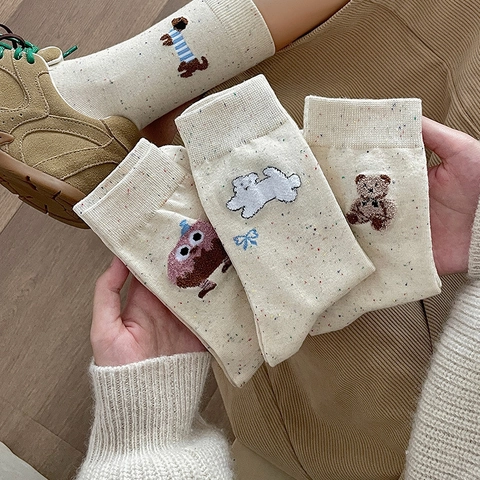 Calze Metà Polpaccio Donna Ricamo Animale Carino Filato Fiammato Misto Cotone Caldo Moda Casual Crew