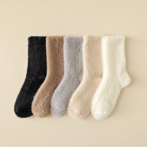 Calcetines Peludos Para Mujer Terciopelo Gruesos Cálidos Invierno Dormir Media Caña Color Sólido Elásticos Suaves