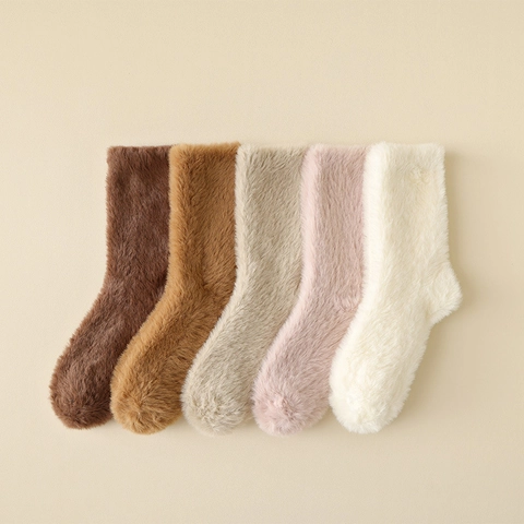 Winter Dicke Warme Flauschige Wadenlange Socken Damen Faux Nerzfell Weich Einfarbig Haus Schlafanzug Atmungsaktiv