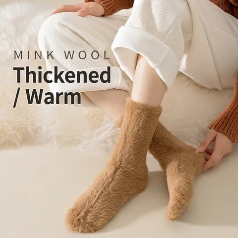 Winter Dicke Warme Flauschige Wadenlange Socken Damen Faux Nerzfell Weich Einfarbig Haus Schlafanzug Atmungsaktiv