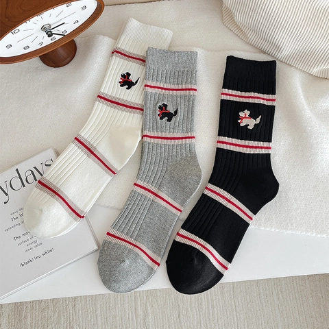 Damen Crew Socken Baumwollmischung Gerippt Gestreift Hund Buchstabe Bestickt Atmungsaktiv Bequem Wadenhoch Lässig