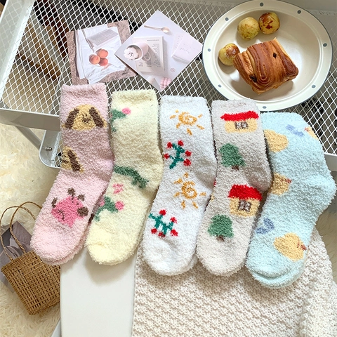 Women Coral Fleece Socks Thickened Thermal Warm Sleeping Home Indoor Winter Cartoon Cute Preppy Style Jacquard Soft
