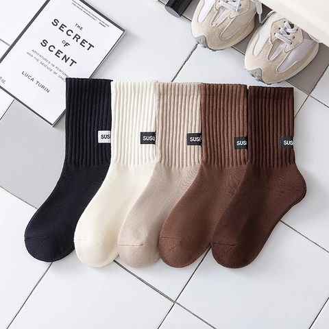 Women Crew Socks Combed Cotton Ribbed Thickened Warm Thermal Solid Color With Label Tag Japanese Style