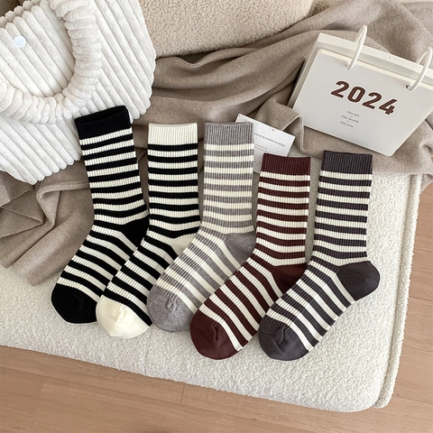 Women Mid Calf Socks Striped Knit Viscose Blend Warm Thickened Ribbed Casual Autumn Winter Trendy