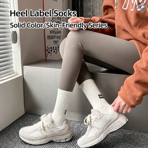 Women Crew Socks Combed Cotton Ribbed Thickened Warm Thermal Solid Color With Label Tag Japanese Style