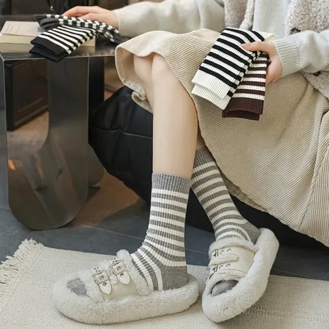 Women Mid Calf Socks Striped Knit Viscose Blend Warm Thickened Ribbed Casual Autumn Winter Trendy