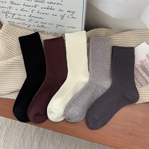 Women Ribbed Mid Calf Socks Thickened Warm Viscose Polyester Blend Vertical Stripe Casual Winter Hosiery