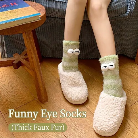 Chaussettes Pelucheuses Pour Femmes Épaisses Chaudes Polaire Corail Rayées Avec Yeux De Dessin Animé 3D Maison