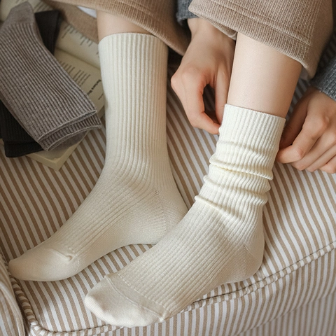 Women Ribbed Mid Calf Socks Thickened Warm Viscose Polyester Blend Vertical Stripe Casual Winter Hosiery