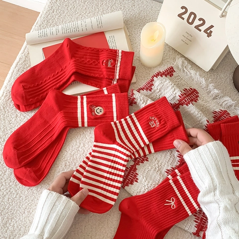 Calze Rosse Crew Cotone Pettinato Ricamo Sorriso Fiocco Righe Festivo Inverno Casual Traspirante Senza Cuciture