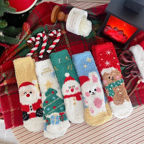 Calcetines De Navidad Mujeres Forro Polar Coral Grueso Cálido Invierno Hogar Peluche Dibujos Papá Noel Muñeco Nieve Festival