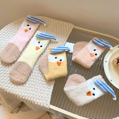 Calze In Pile Corallo Da Donna Ispessite Calde Casa Sonno Metà Polpaccio Simpatico Cartone Animato Pulcino Gufo Berretto 3D