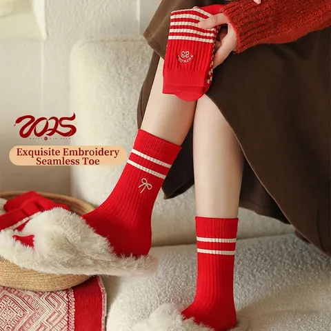 Calze Rosse Crew Cotone Pettinato Ricamo Sorriso Fiocco Righe Festivo Inverno Casual Traspirante Senza Cuciture