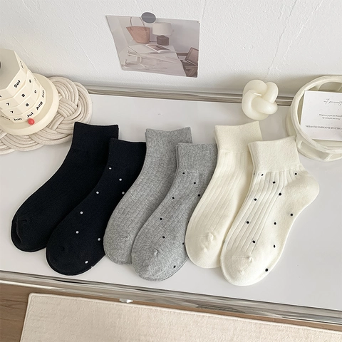 Calcetines De Algodón Para Mujer Estilo Japonés Lunares Color Sólido Transpirable Absorbente De Sudor Punto Elástico Suave