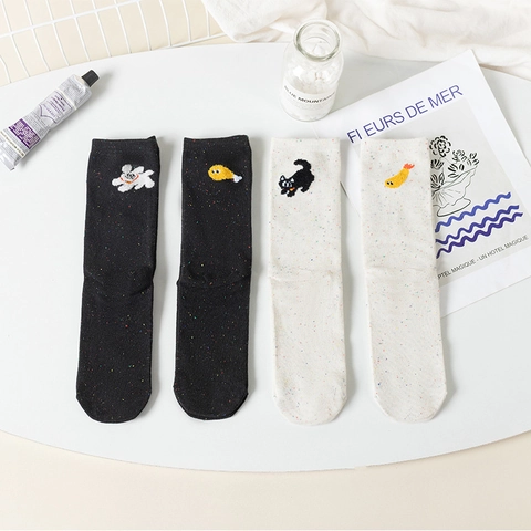 Calze Al Polpaccio Ricamate Gatto Stile Giapponese Misto Cotone Traspirante Maculato Kawaii Carino