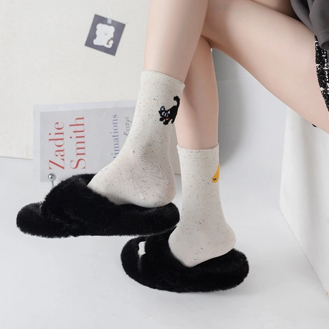 Calze Al Polpaccio Ricamate Gatto Stile Giapponese Misto Cotone Traspirante Maculato Kawaii Carino