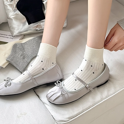 Calcetines De Algodón Para Mujer Estilo Japonés Lunares Color Sólido Transpirable Absorbente De Sudor Punto Elástico Suave