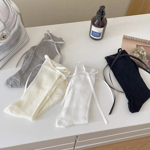 Damen Crew Socken Baumwolle Mesh Atmungsaktiv Gerippt Mittlere Wade Schleife Japanischer Süßer Stil