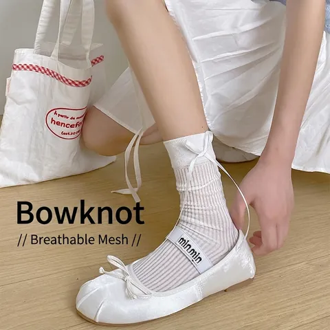 Damen Crew Socken Baumwolle Mesh Atmungsaktiv Gerippt Mittlere Wade Schleife Japanischer Süßer Stil