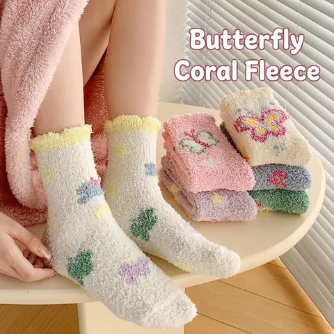 Calze Da Casa In Pile Corallo Da Donna Invernali Spesse Calde Peluche Per Dormire Motivi Farfalla Stella Morbide Interno
