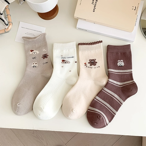 Damen Baumwolle Crew Socken Nahtlose Zehen Cartoon Tier Bestickt Japanischer Stil Atmungsaktive Mittelrohr Strümpfe