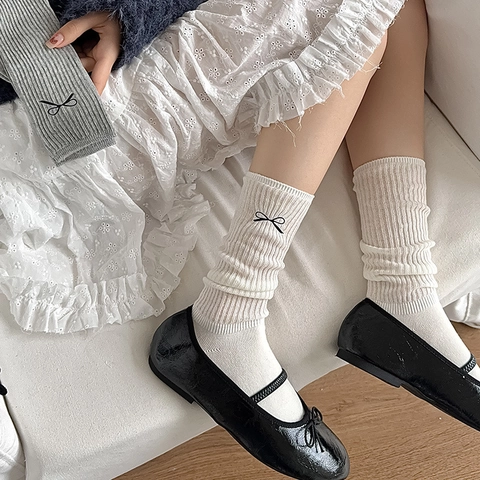 Chaussettes Slouch Coton Côtelé Noeud Brodé Respirant Style Japonais Doux Chaussettes Mi-Mollet Pour Femmes