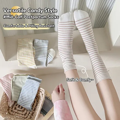 Women Striped Slouch Crew Socks Cotton Breathable Sweat Absorbent Soft Striped Pattern Candy Color Casual Maternity Style
