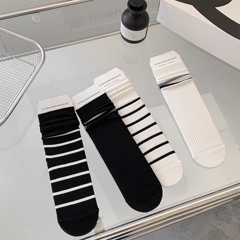 Damen Crew Socken Gekämmte Baumwolle Atmungsaktiv Japanischer Stil Gestreift Gerippt Wadenhoch Freizeit Harajuku-Stil