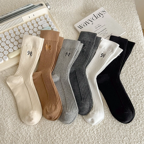 Chaussettes Mi-Mollet Pour Femmes En Coton Côtelé Avec Broderie De Nœud Style Japonais Respirantes Confortables Décontractées
