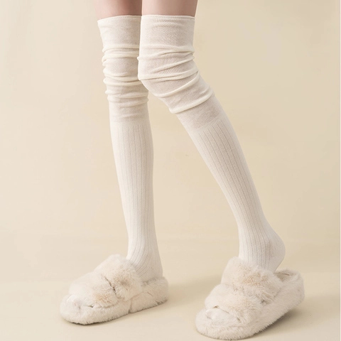 Women Thigh High Slouch Socks Combed Cotton Ribbed Knit Over Knee Stockings Breathable Solid Color Soft Elastic