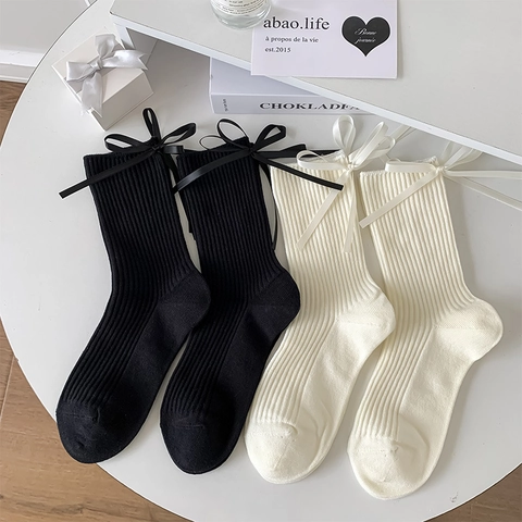 Women Combed Cotton Crew Socks Ribbed Knit Ribbon Bow Sweet Japanese Style Hosiery Mid-calf Breathable