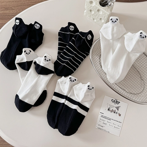Calze Alla Caviglia Donna Cotone Ricamo Panda Nero Bianco Righe Taglio Basso Casual Traspirante Morbido