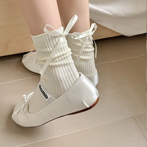 Women Combed Cotton Crew Socks Ribbed Knit Ribbon Bow Sweet Japanese Style Hosiery Mid-calf Breathable