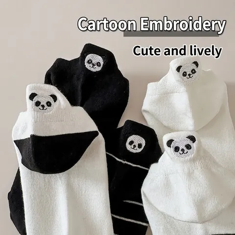 Calze Alla Caviglia Donna Cotone Ricamo Panda Nero Bianco Righe Taglio Basso Casual Traspirante Morbido