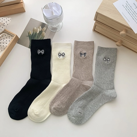 Damen Mittelhohe Socken Baumwollmischung Schleifenstickerei Rippstrick Japanischer Stil Adrett Weich Atmungsaktiv