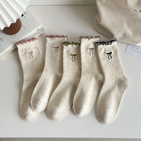 Women Mid Calf Crew Socks Cotton Blend Embroidered Bow Lettuce Trim Confetti Yarn Sweet Casual Trendy