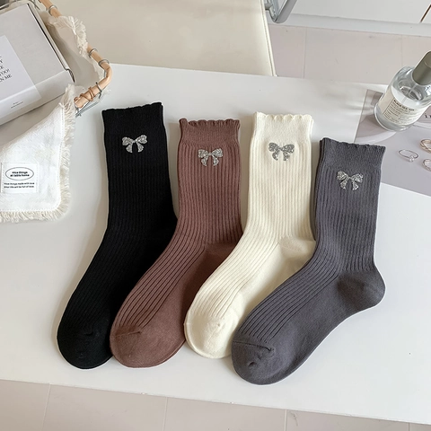Women Cotton Blend Crew Socks With Rhinestone Bow Decorative Ruffled Edge Ribbed Knit Sweet Fashion