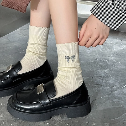 Women Cotton Blend Crew Socks With Rhinestone Bow Decorative Ruffled Edge Ribbed Knit Sweet Fashion