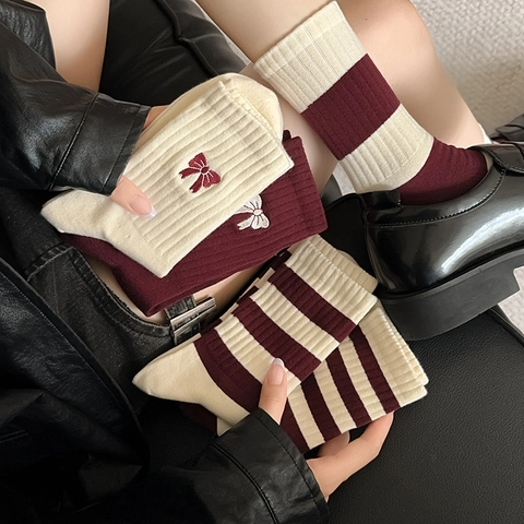 Women Crew Socks Combed Cotton Embroidered Bow Striped Ribbed Cuff Retro Preppy Style Fashionable