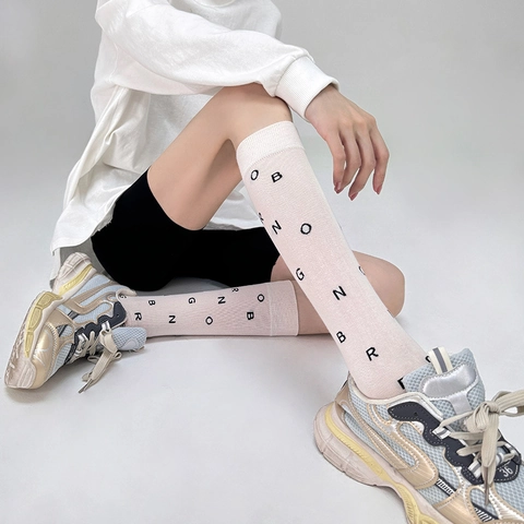 Women Calf High Socks Cotton Letter Pattern Breathable JK Style Korean Fashion Ribbed Cuff Long Hosiery Accessory