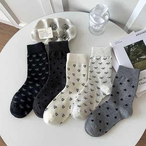 Women Cotton Crew Socks Korean Style Sweet Heart Bow Star Pattern Breathable Elastic Mid-calf Casual Daily Hosiery
