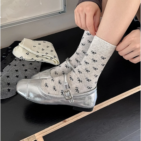 Women Cotton Crew Socks Korean Style Sweet Heart Bow Star Pattern Breathable Elastic Mid-calf Casual Daily Hosiery