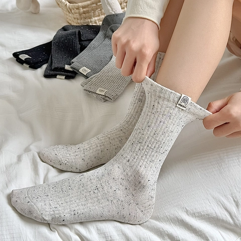 Women Crew Socks Cotton Blend Ribbed Knit Speckled Flecked Yarn Japanese Style Dog Patch Breathable Casual Daily Wear