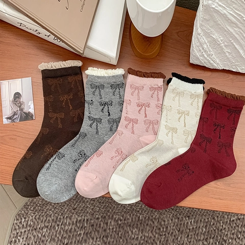 Calze Crew Da Donna In Misto Cotone Pettinato Motivo Jacquard Con Fiocco Bordo A Volant Stile Coreano Dolce Vintage