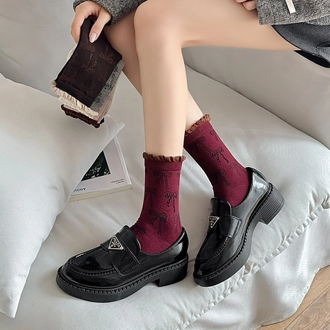 Calze Crew Da Donna In Misto Cotone Pettinato Motivo Jacquard Con Fiocco Bordo A Volant Stile Coreano Dolce Vintage