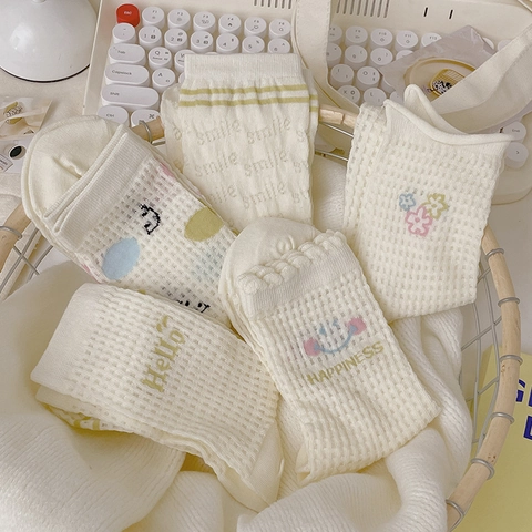 Calzini Crew Donna Cotone Mesh Traspirante Estate Sorriso Fiore Ricamo Pois Stile Giapponese Preppy Bianco